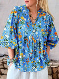 Women's Retro Floral Art Print Cotton And Linen Casual Top