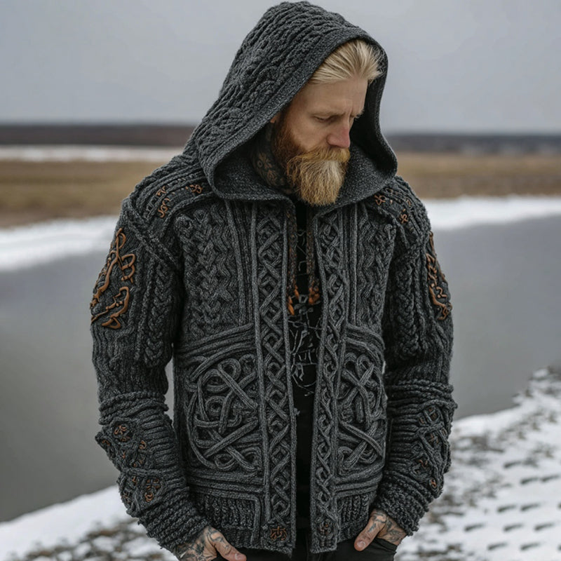 Men's Vintage Viking Jacquard Warm Hooded Sweater Cardigan artswardrobe