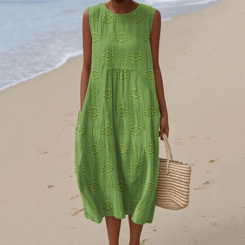 Vintage Loose Flower Art Sleeveless Cotton And Linen Tank Dress artswardrobe