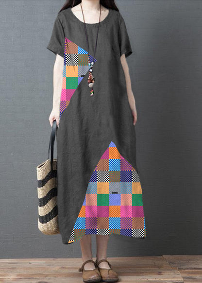 Loose Black O-neck Patchwork Pockets Summer Holiday Dress Short Sleeve