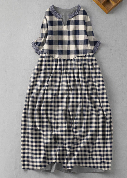 Fine Black Plaid V Neck Ruffled Patchwork Linen Dress Summer