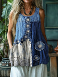 Floral Denim Textile Lace Hem Patchwork Tank Top artswardrobe