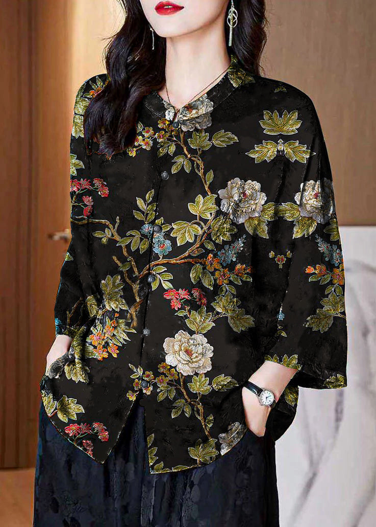 Brown Stand Collar Button Print Patchwork Silk Blouse Top Summer