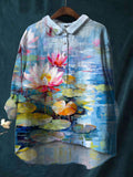 Colorful Watercolor Flower Print Cotton And Linen Shirt