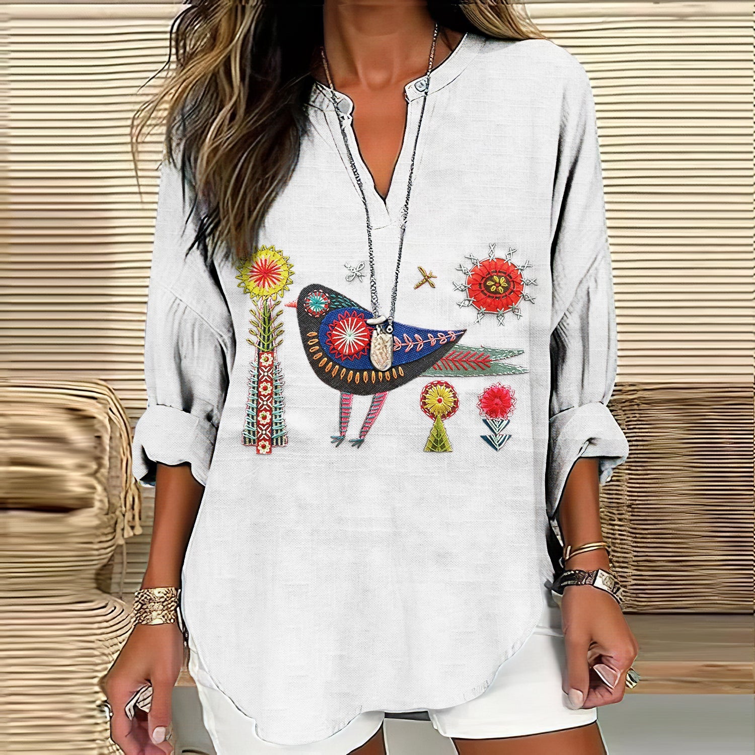 Women's Floral And Bird Embroidery Art Pattern Cotton And Linen V-neck Shirt artswardrobe