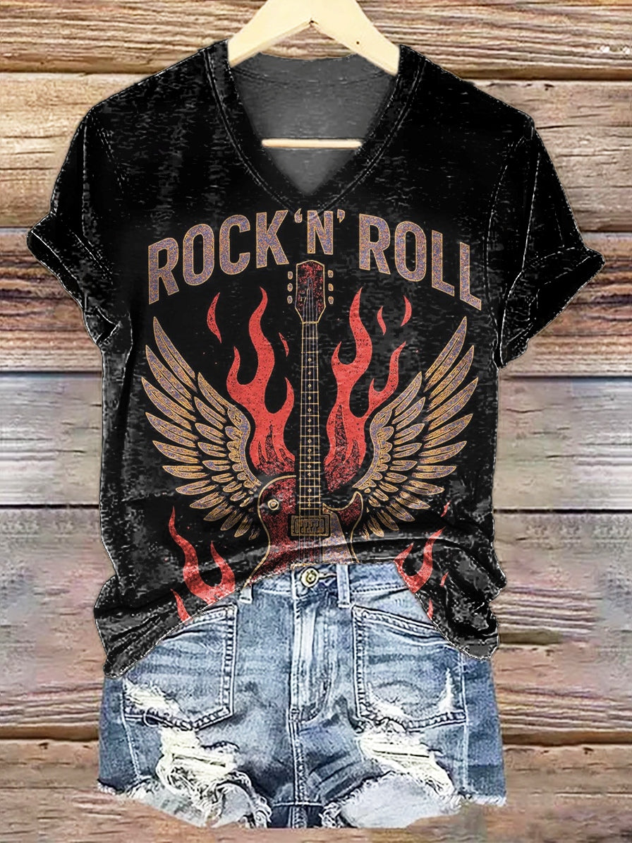 Women's Retro Rock Art Print V-neck Casual T-Shirt