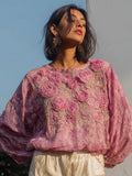Vintage Pink Lace Rose Embroidered Glitter Linen Shirt artswardrobe