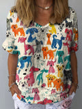 Women's Cute Kid Drawing Dog Art Print Casual Cotton And Linen Shirt