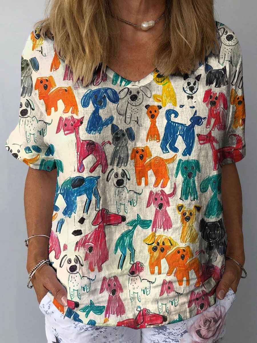 Women's Cute Kid Drawing Dog Art Print Casual Cotton And Linen Shirt