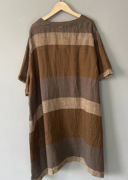Coffee Striped Linen Mid Dress V Neck Short Sleeve