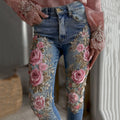 Women's Vintage Rose Floral Embroidery Art Casual Jeans artswardrobe