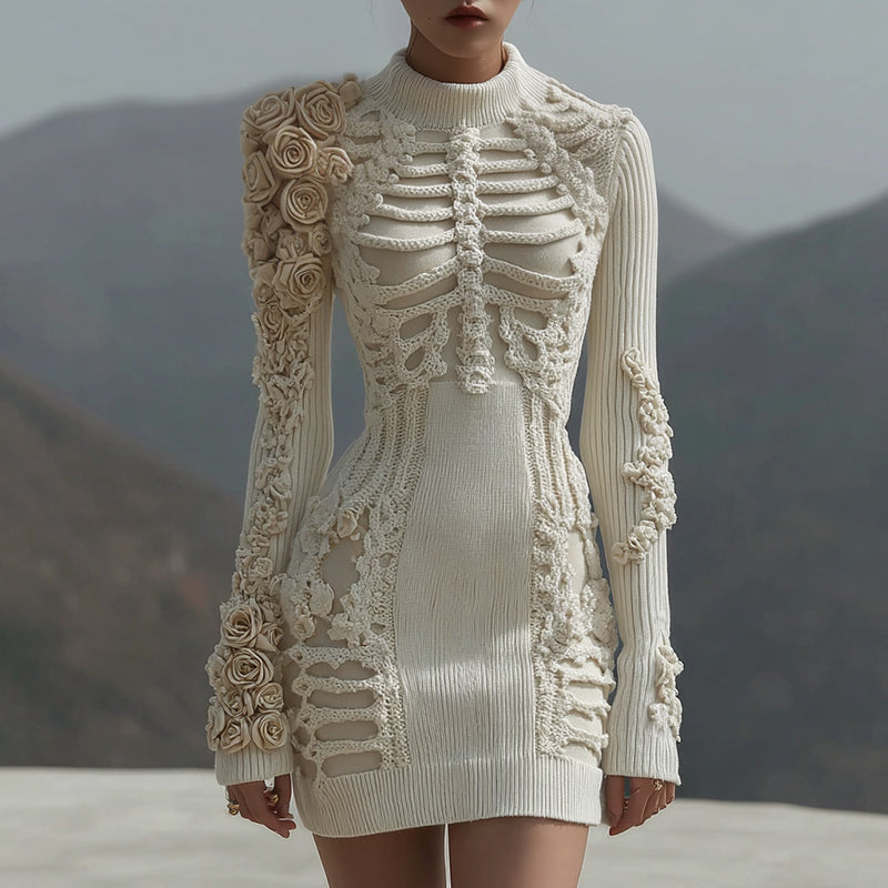 Comstylish Women's Vintage White Rose Skull Knit Mini Sweater Dress
