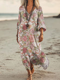 Women's Floral Embellished Pattern Art Print Pocket Cotton Dress