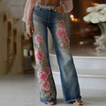 Women's Vintage Rose Floral Embroidery Art Loose Jeans artswardrobe