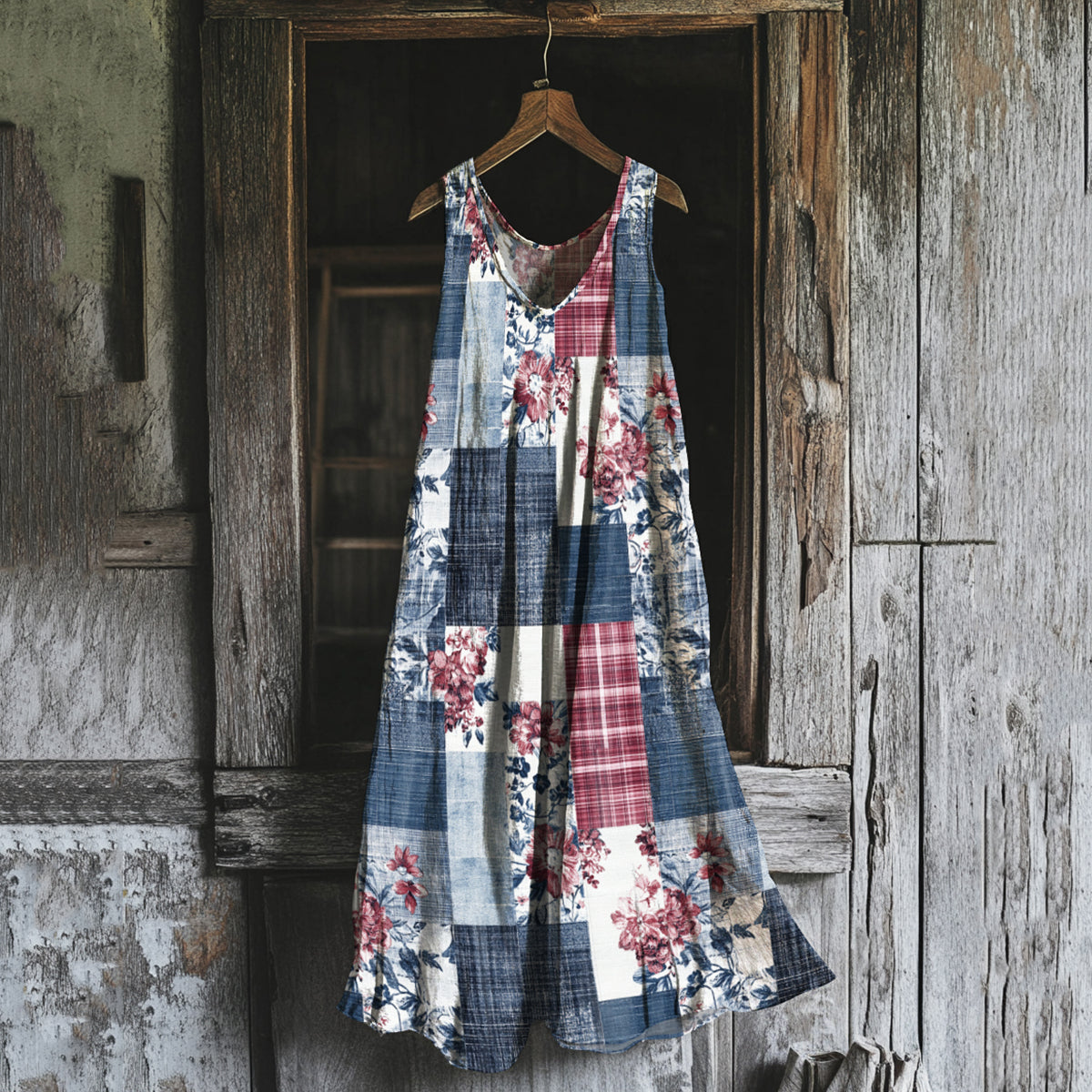 Women's Vintage Independence Day Floral Art Linen Maxi Dress artswardrobe