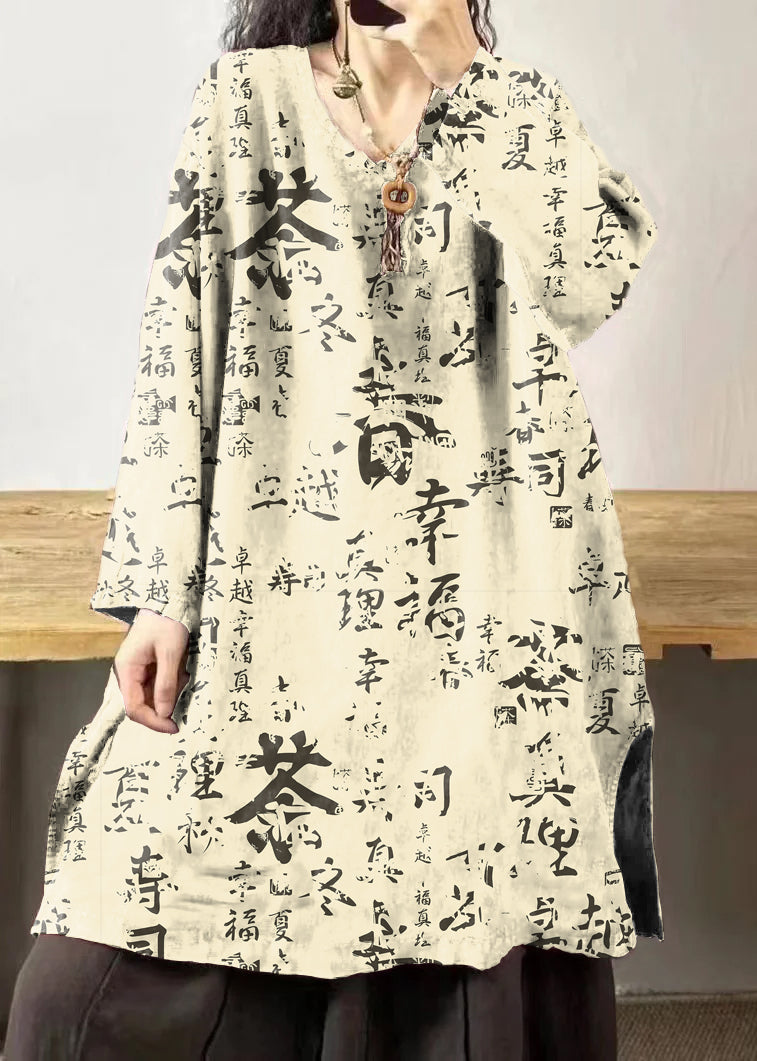 Yellow Text V Neck Embroidered Patchwork Linen Mid Dresses Fall