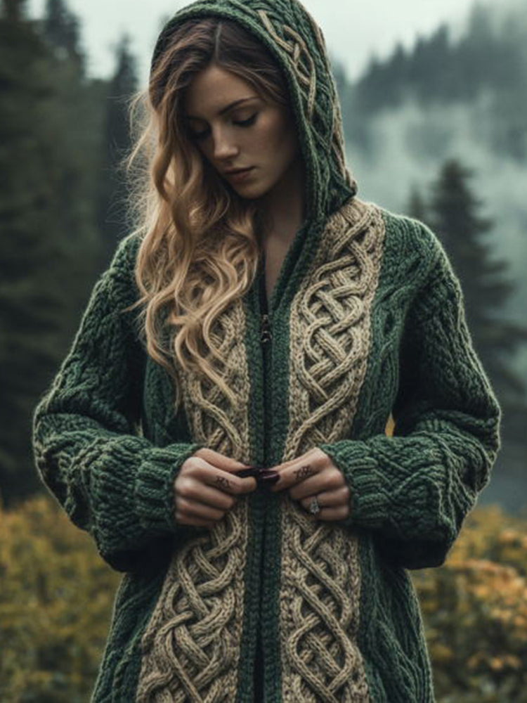 Women's Vintage Green Celtic Knot Knit Hoodie Cardigan elevenforest