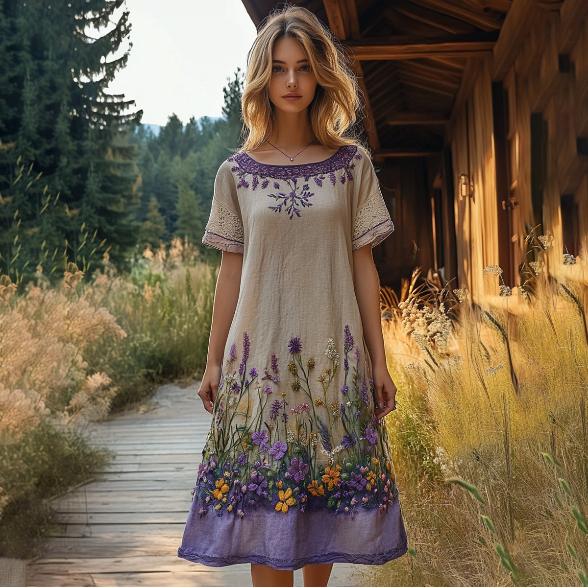 Vintage Floral Embroidery Short Sleeve Midi Dress artswardrobe