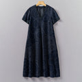 Comstylish Vintage Japanese Traditional Sashiko Art Pattern Painting V-Neck Dress