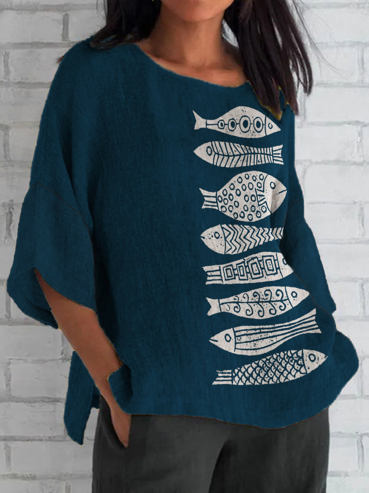 Comstylish Fish Japanese Lino Art Flowy Linen Blend Tunic