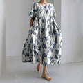 Comstylish Vintage Floral Print Round Neck Short Sleeve Midi Dress