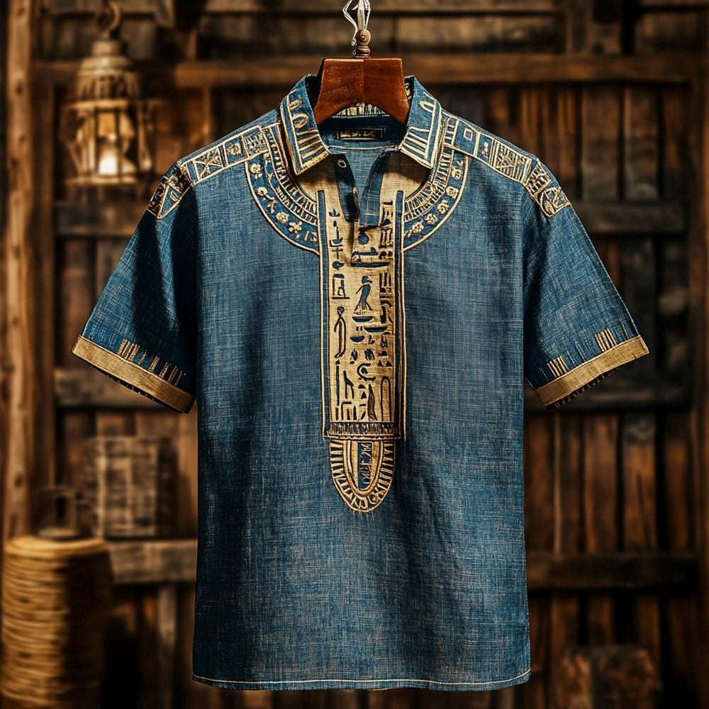 Vintage Egyptian Totem Print Men's Linen Short Sleeve Shirt artswardrobe