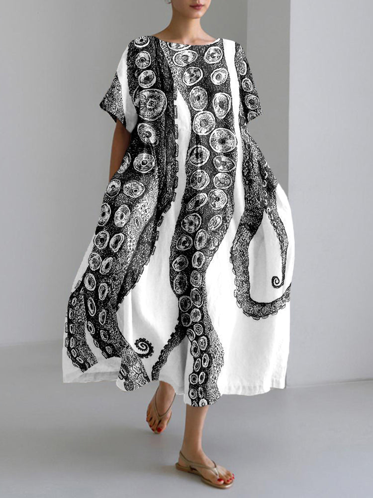 Comstylish Octopus Tentacles Art Linen Blend Cozy Maxi Dress