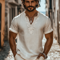 Men's Casual Floral Embroidered Cotton And Linen V-neck Shirt artswardrobe