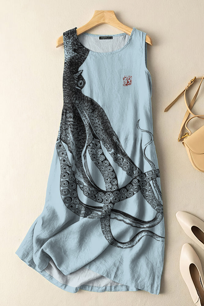 Comstylish Vintage Japanese Art Octopus Print Sleeveless Cotton And Linen Midi Dress
