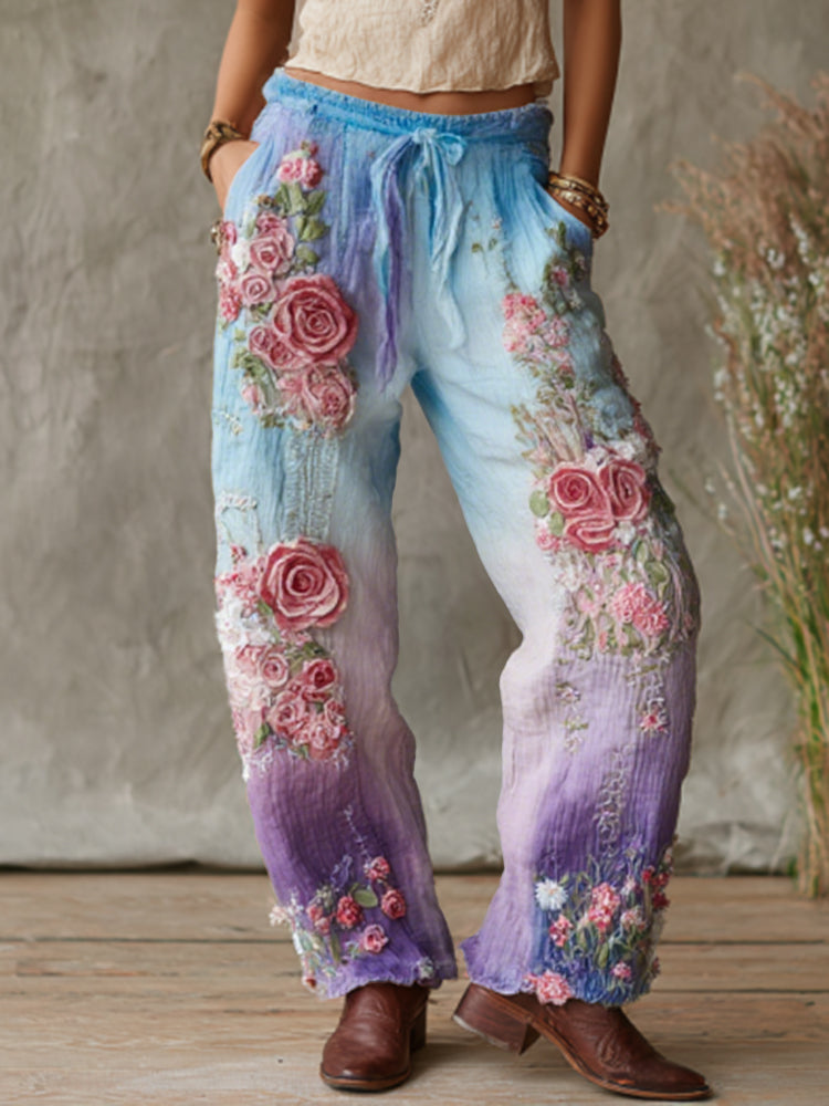 Love & Health Collection Retro Western Women Style Vintage Rose And Floral Patchwork Art Linen Pants artswardrobe