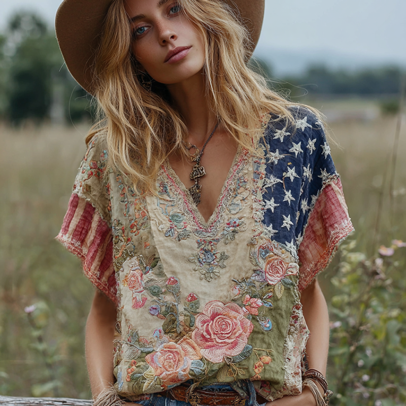 Women's Vintage American Western Country Style Floral And Stars Embroidered Linen Blend V-neck T-shirt artswardrobe
