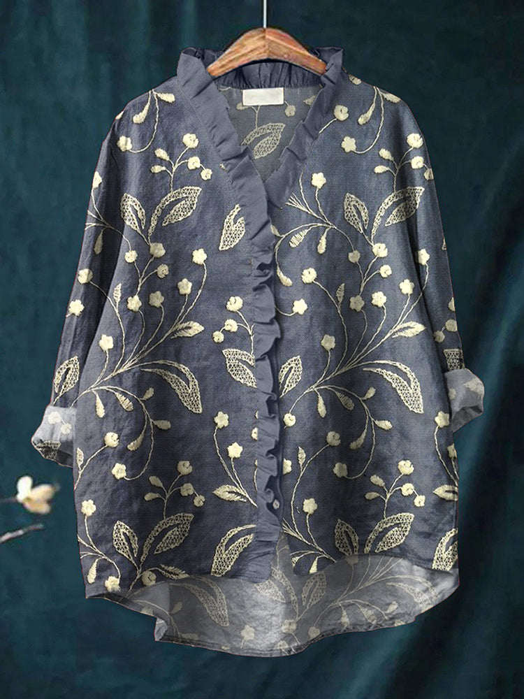 Elegant Lace Floral Embroidered Linen Blend Shirt artswardrobe