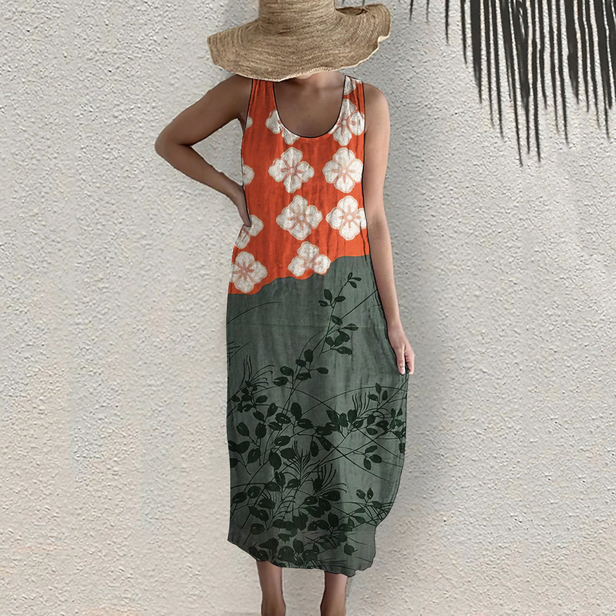 Comstylish Japanese Art Flower Print Sleeveless Casual Linen Blend Midi Dress