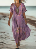 Women's Vintage Ethnic Floral Art Print Pocket Cotton Dress