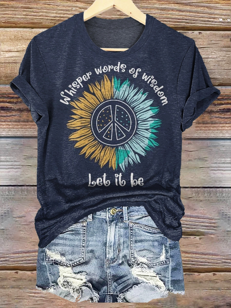 Retro Sunflower Peace Sign Let It Be Print Crew Neck T-shirt