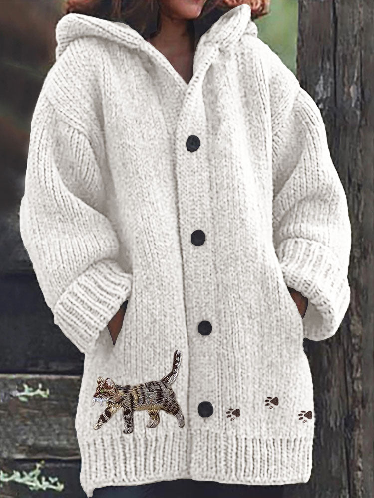 Cat & Paw Prints Embroidered Cozy Knit Hooded Cardigan elevenforest