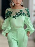 Women's Fashion Shirt with Mesh Embroidered long sleeve Top