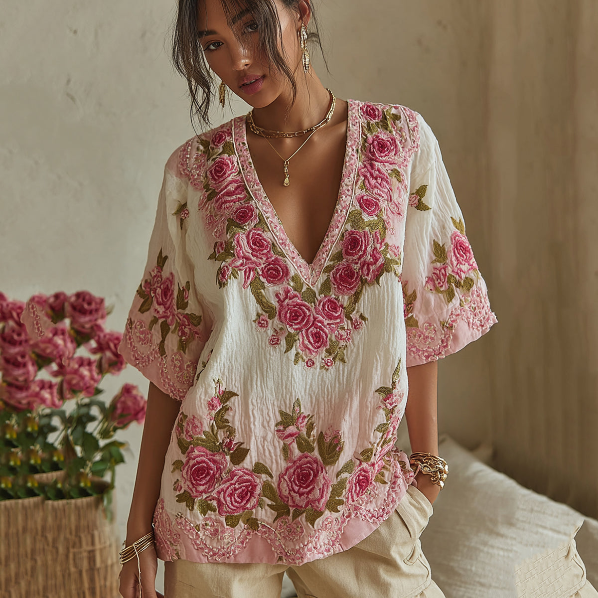 Women's Vintage Rose Floral Gradient Art V Neck Linen Comfy T-shirt artswardrobe