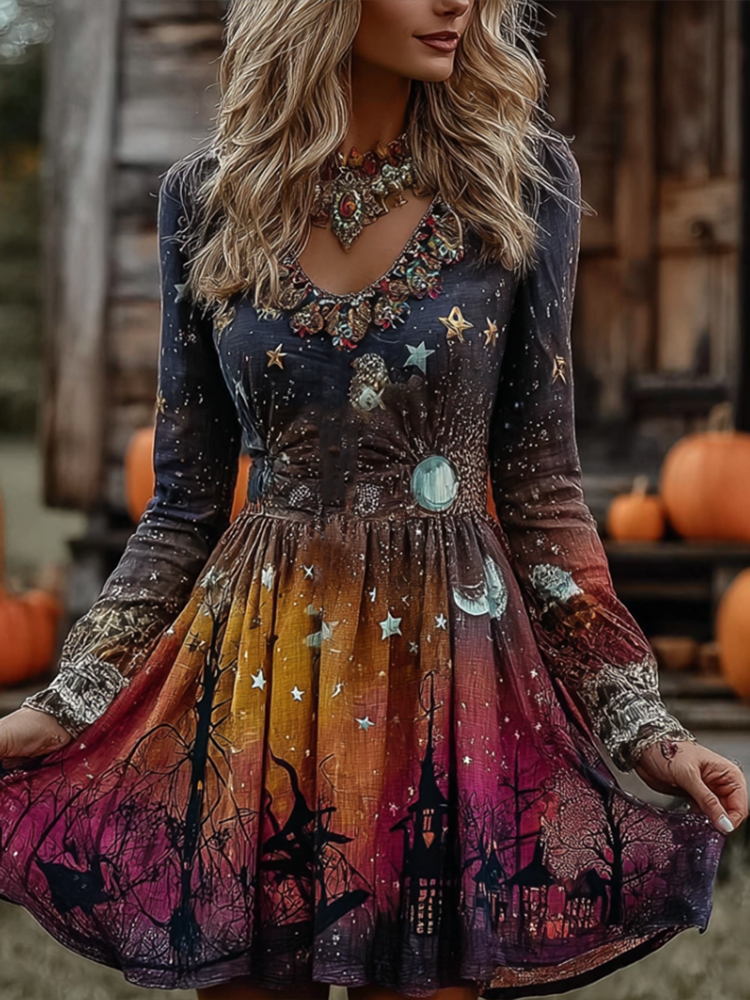 Comstylish Women's Halloween Gradient Tarot Star Moon Design Witch Dress