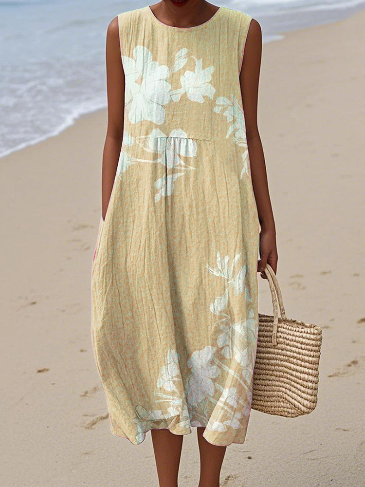 Vintage Loose Floral Art Linen Tank Dress artswardrobe