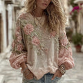 Comstylish Women's Vintage Pink Rose Embroidery Casual Crew Neck Shirt