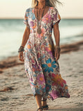 Women's Bohemian Floral Patterns Short Sleeve Pocket Cotton Linen Dres