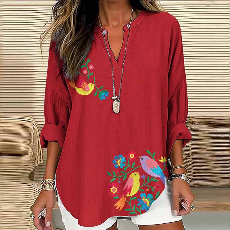 Women's Vintage Floral And Bird Art Embroidery V-neck Shirt artswardrobe