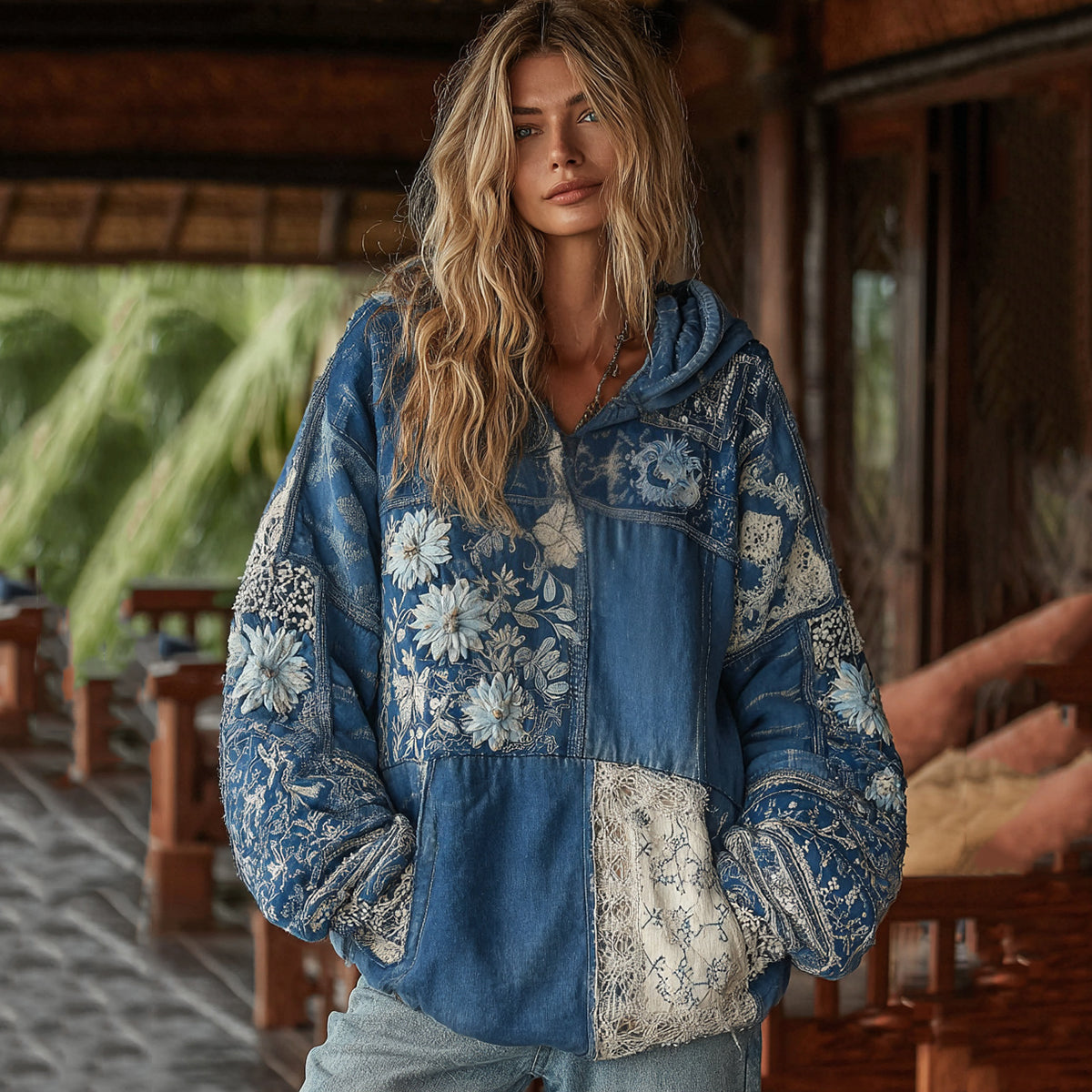 Comstylish Vintage Bohemian Floral With Japanese Traditional Sashiko Patchwork Art Embroidery Inspired Washed Hoodie