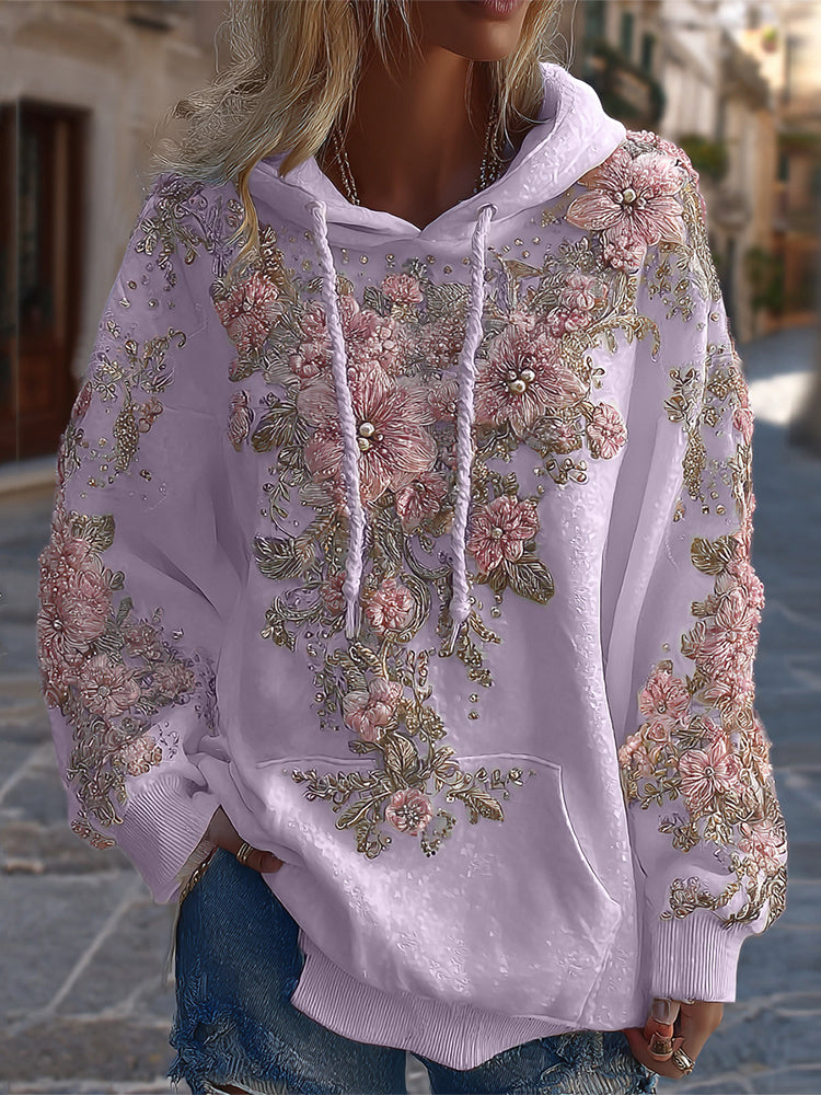 Women's Classic Floral Embroidery Art Comfy Hoodie artswardrobe