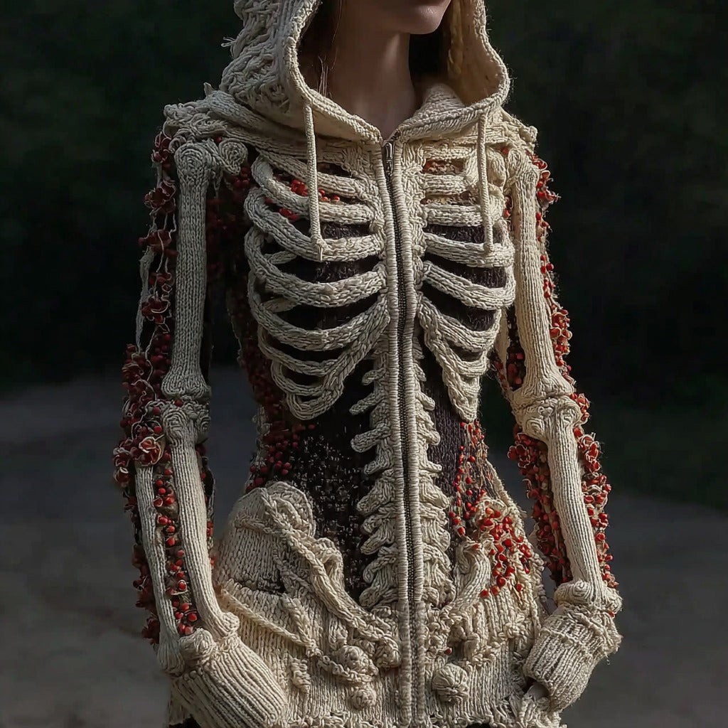 Comstylish Women's Halloween Anatomy Art Colorblock Knit Zipper Cardigan Sweater