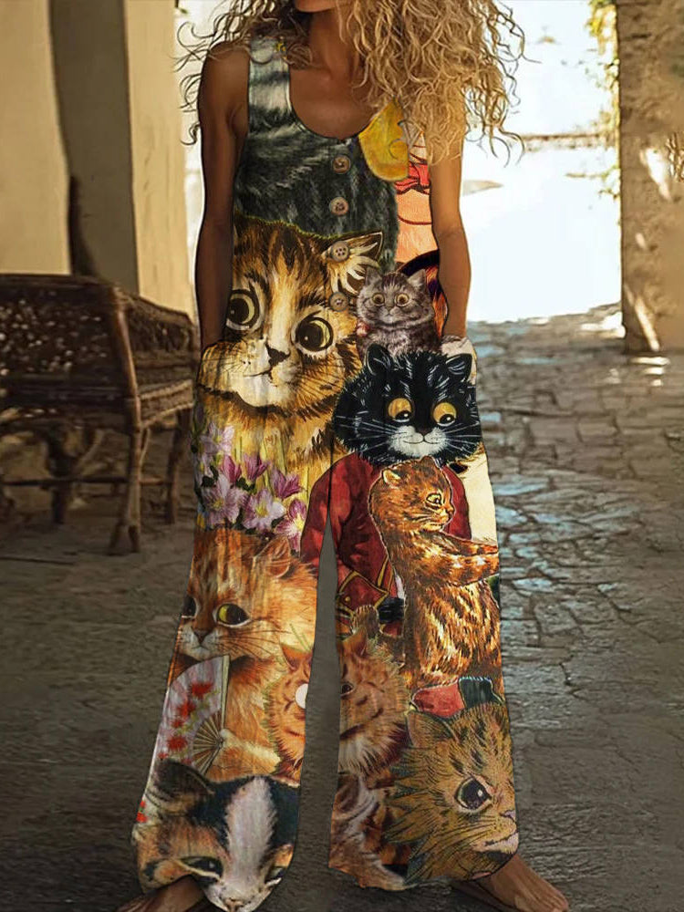Vintage Cat Print Women's Linen Vest Jumpsuit artswardrobe