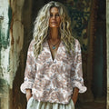Retro Boho Tribal Paisley Art Print Cotton And Linen V-neck Loose Shirt artswardrobe