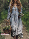 Women's Boho Folkloric Pattern Print V Neck Pocket Cotton Dress