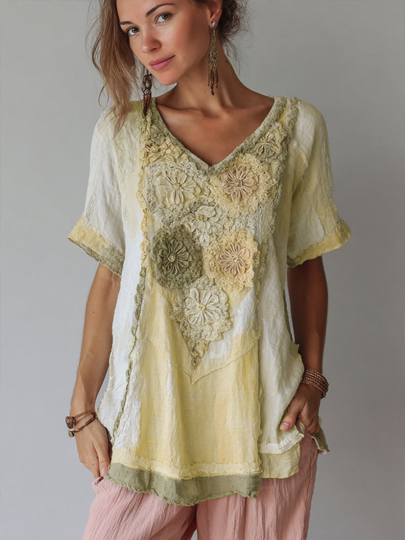 Women's Vintage Floral Color Block Linen Short Sleeve T-shirt artswardrobe